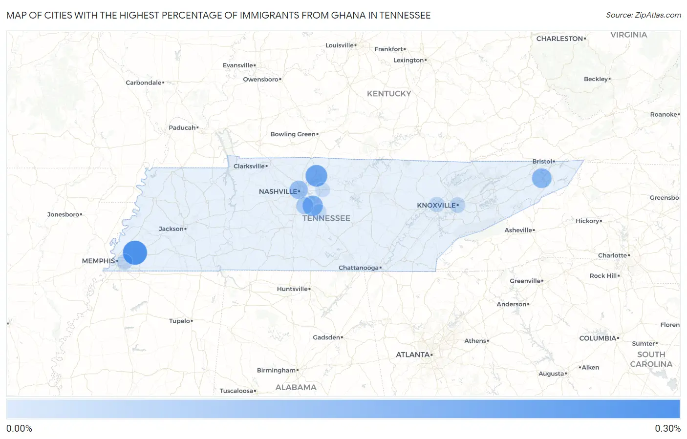 Cities with the Highest Percentage of Immigrants from Ghana in Tennessee Map