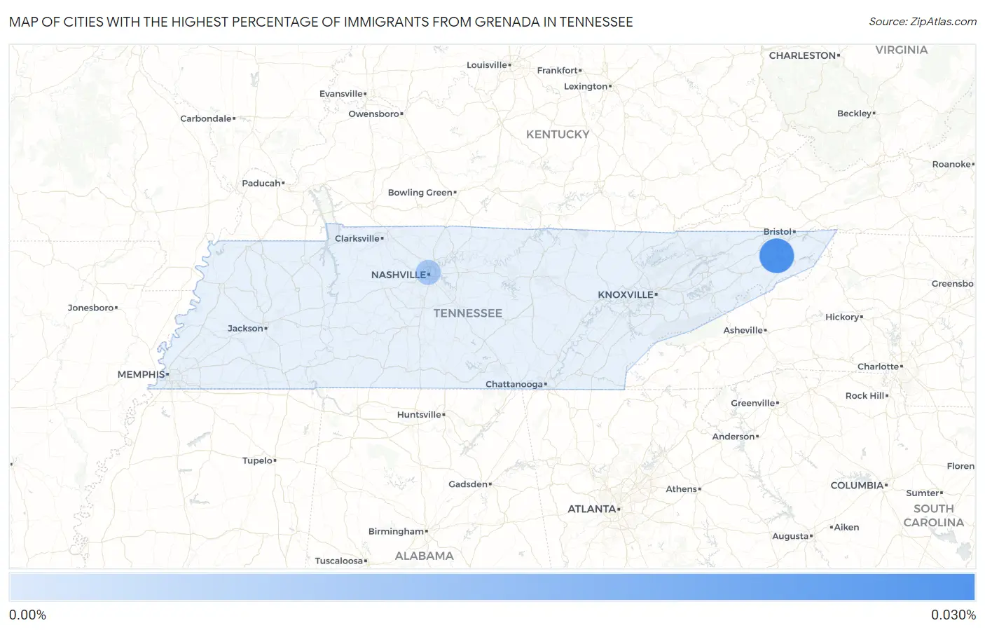 Cities with the Highest Percentage of Immigrants from Grenada in Tennessee Map