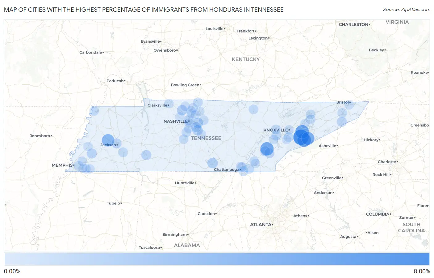 Cities with the Highest Percentage of Immigrants from Honduras in Tennessee Map