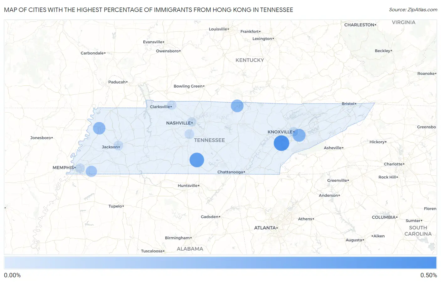 Cities with the Highest Percentage of Immigrants from Hong Kong in Tennessee Map