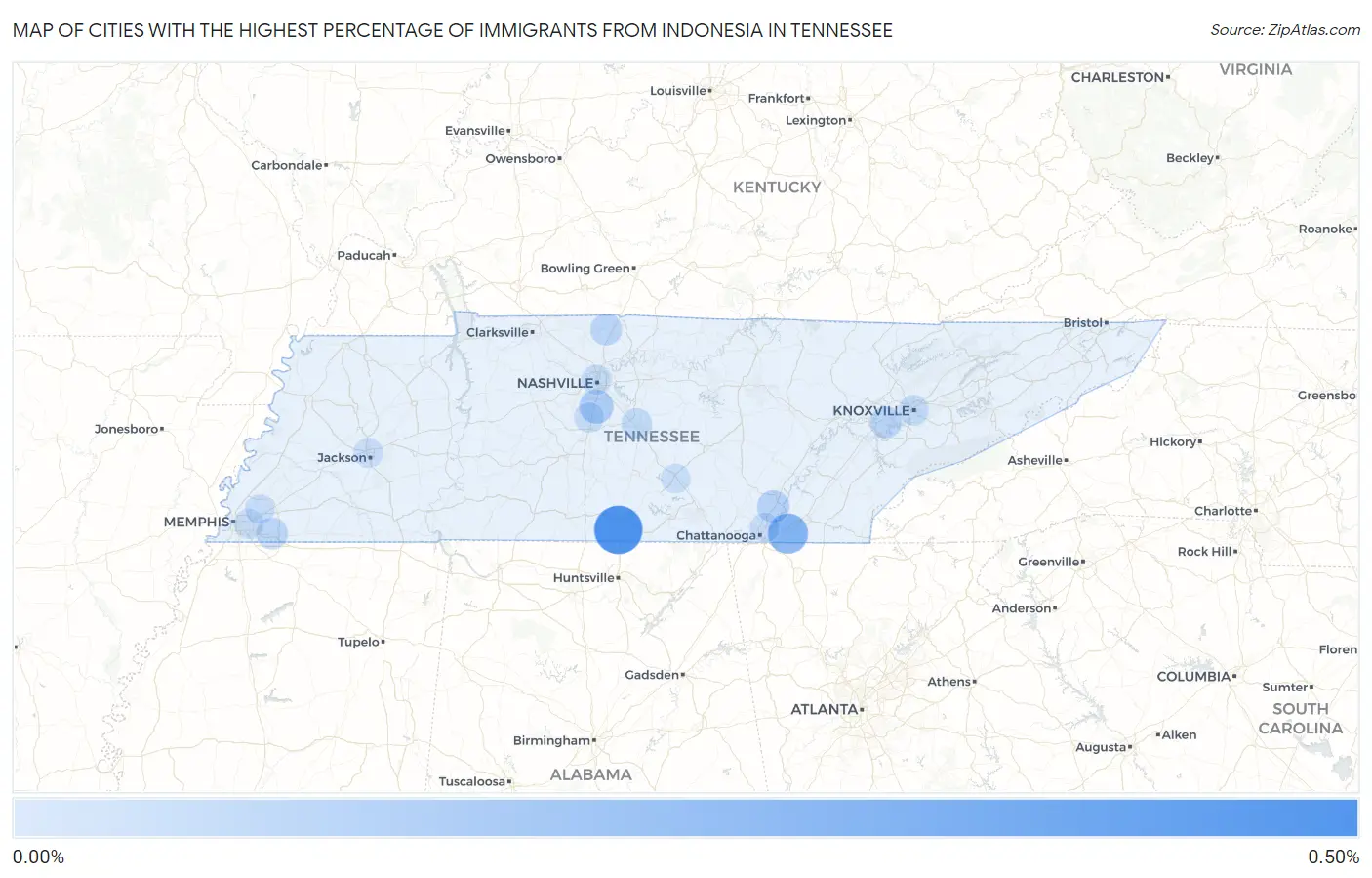 Cities with the Highest Percentage of Immigrants from Indonesia in Tennessee Map