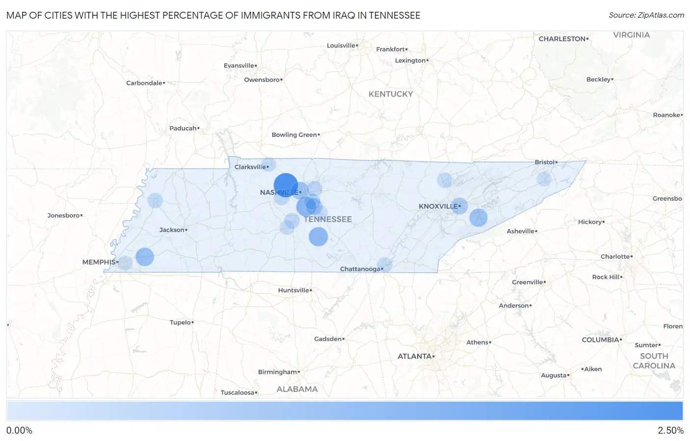 Cities with the Highest Percentage of Immigrants from Iraq in Tennessee Map