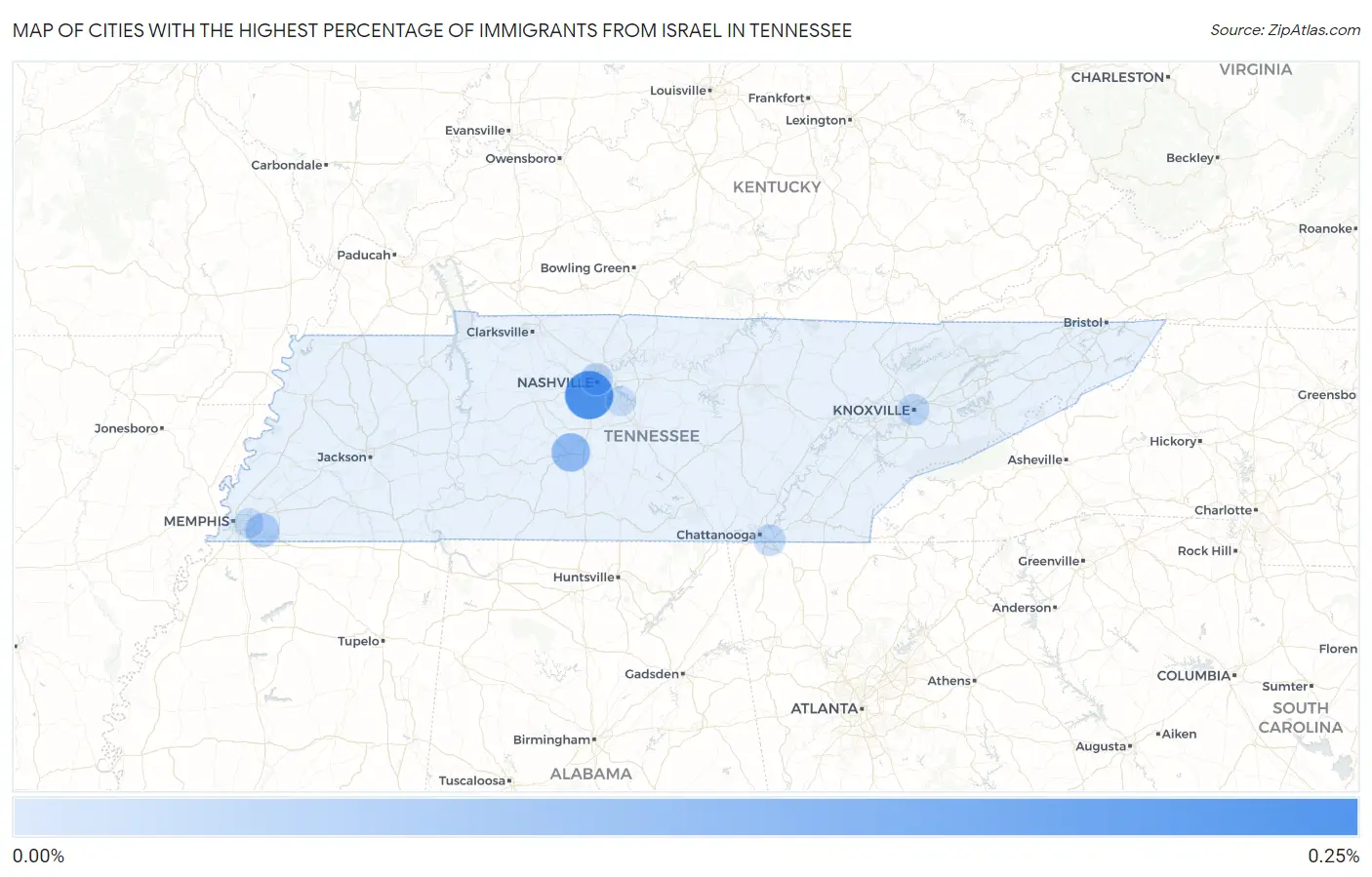 Cities with the Highest Percentage of Immigrants from Israel in Tennessee Map