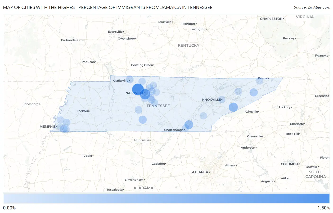 Cities with the Highest Percentage of Immigrants from Jamaica in Tennessee Map