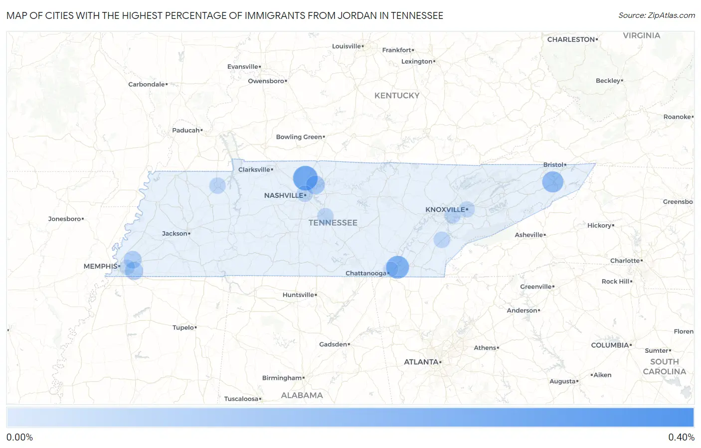 Cities with the Highest Percentage of Immigrants from Jordan in Tennessee Map
