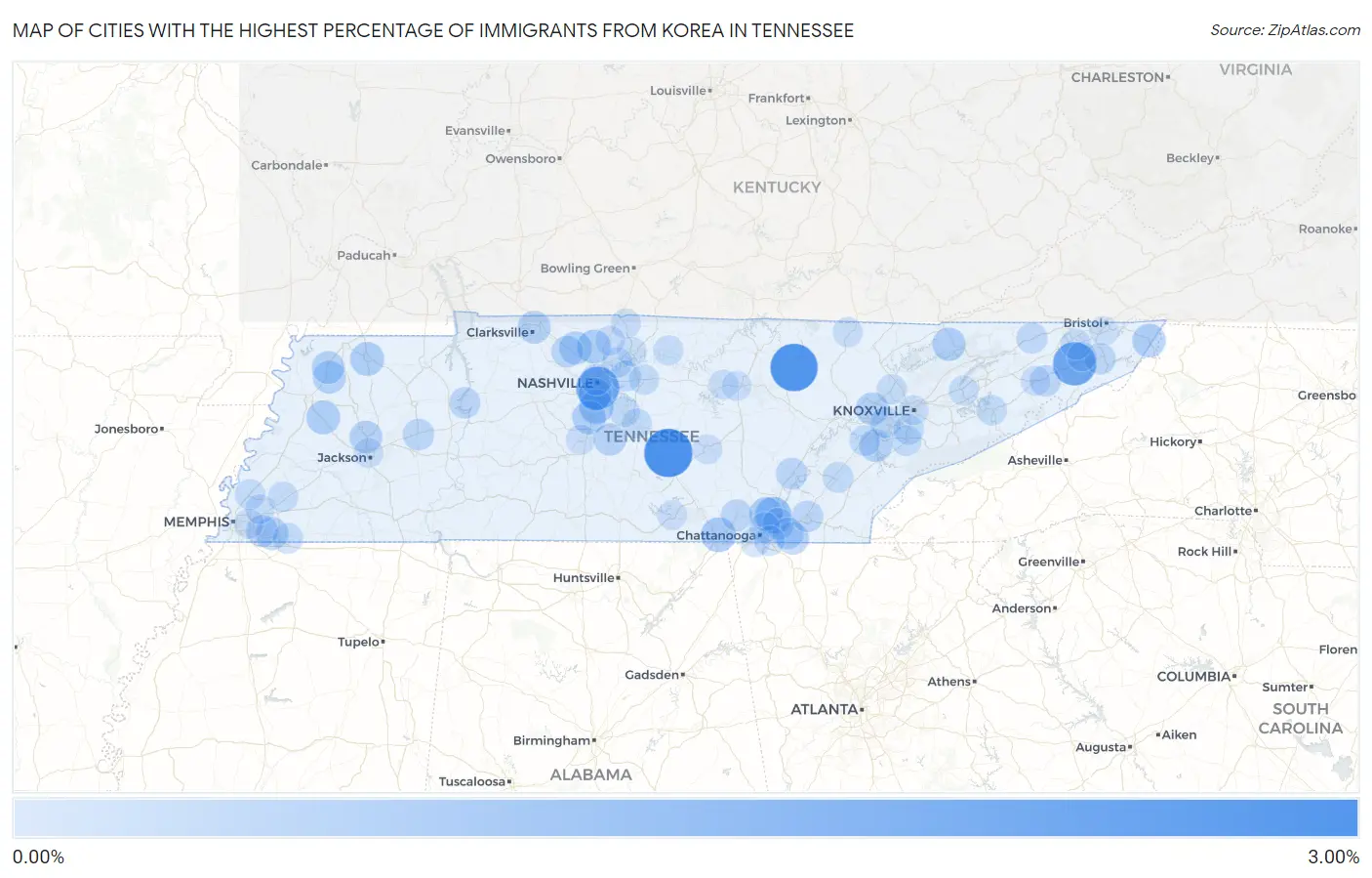 Cities with the Highest Percentage of Immigrants from Korea in Tennessee Map