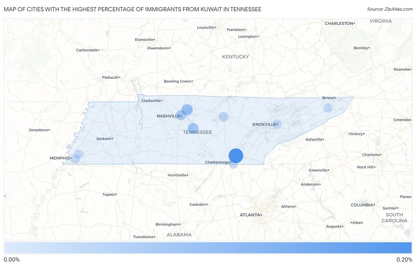 Cities with the Highest Percentage of Immigrants from Kuwait in Tennessee Map