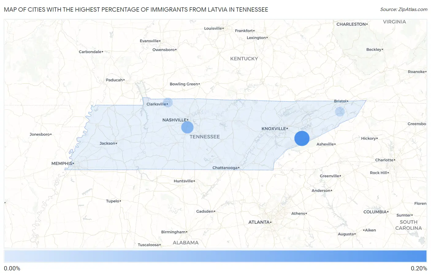 Cities with the Highest Percentage of Immigrants from Latvia in Tennessee Map