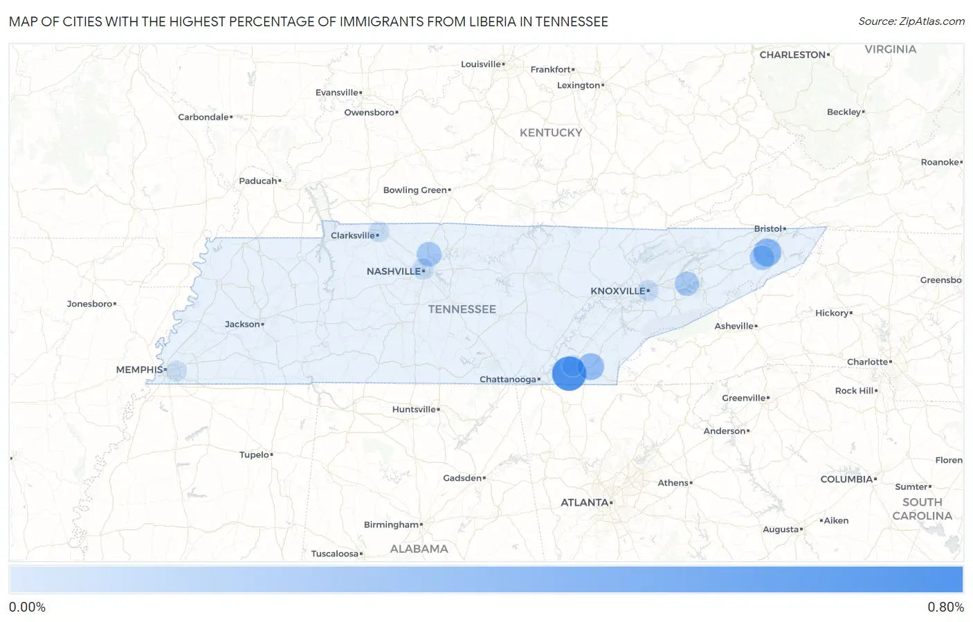 Cities with the Highest Percentage of Immigrants from Liberia in Tennessee Map