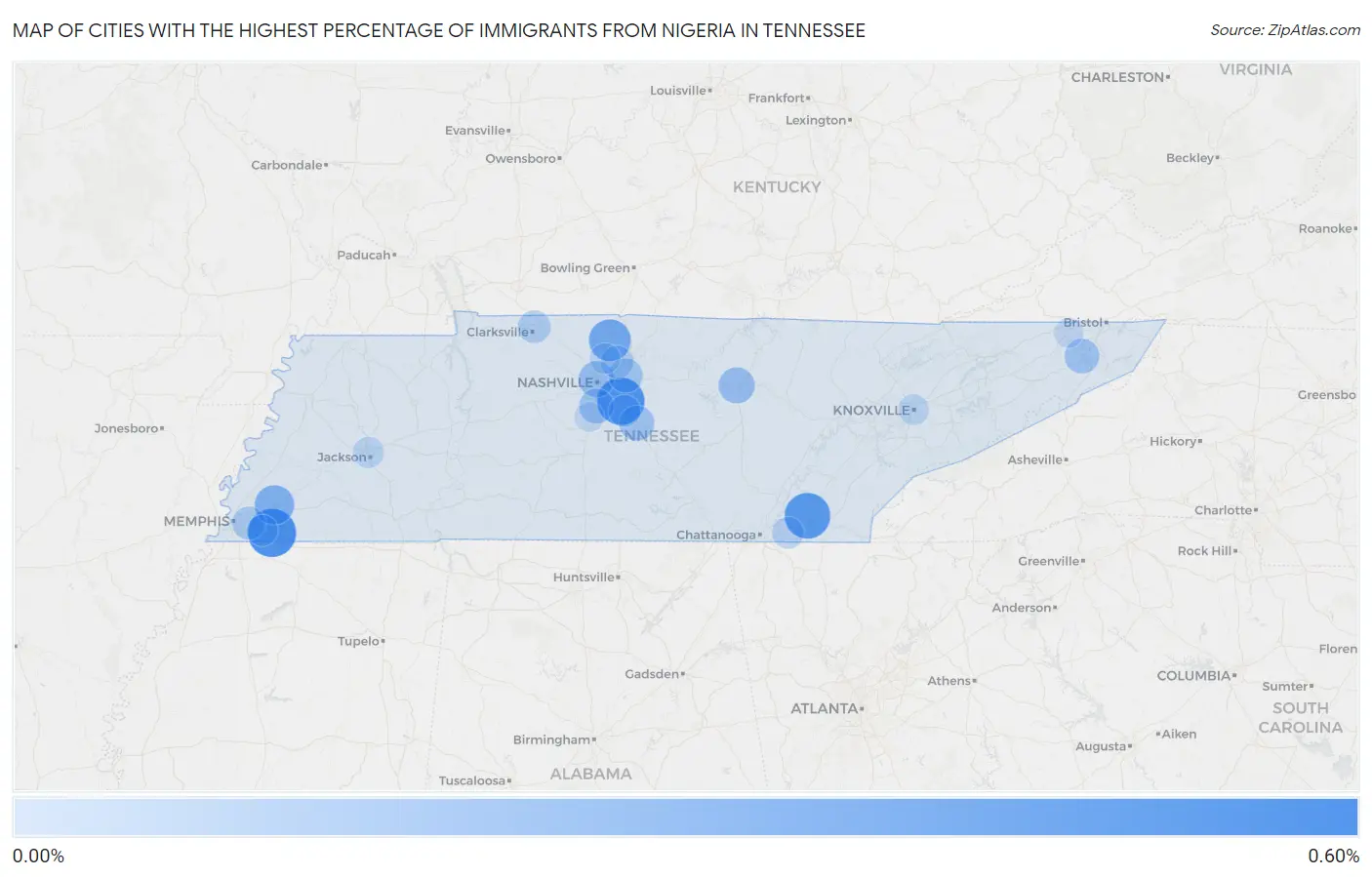 Cities with the Highest Percentage of Immigrants from Nigeria in Tennessee Map