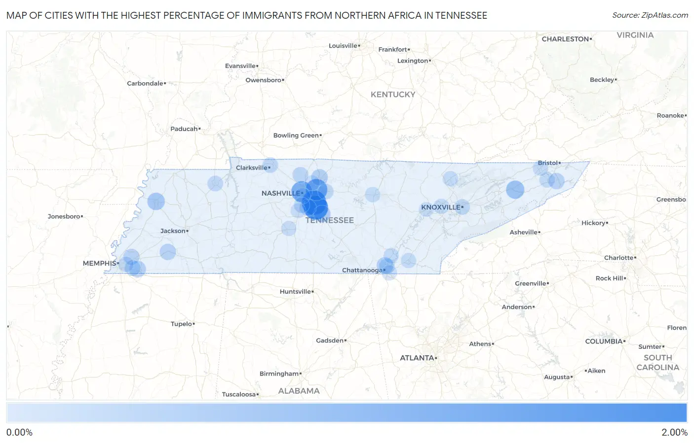Cities with the Highest Percentage of Immigrants from Northern Africa in Tennessee Map