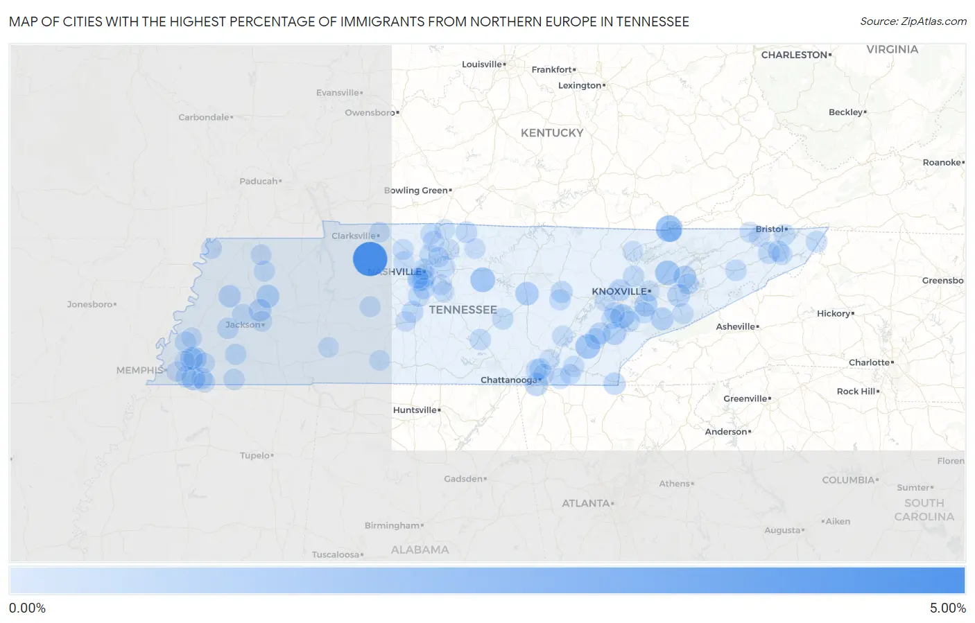 Cities with the Highest Percentage of Immigrants from Northern Europe in Tennessee Map