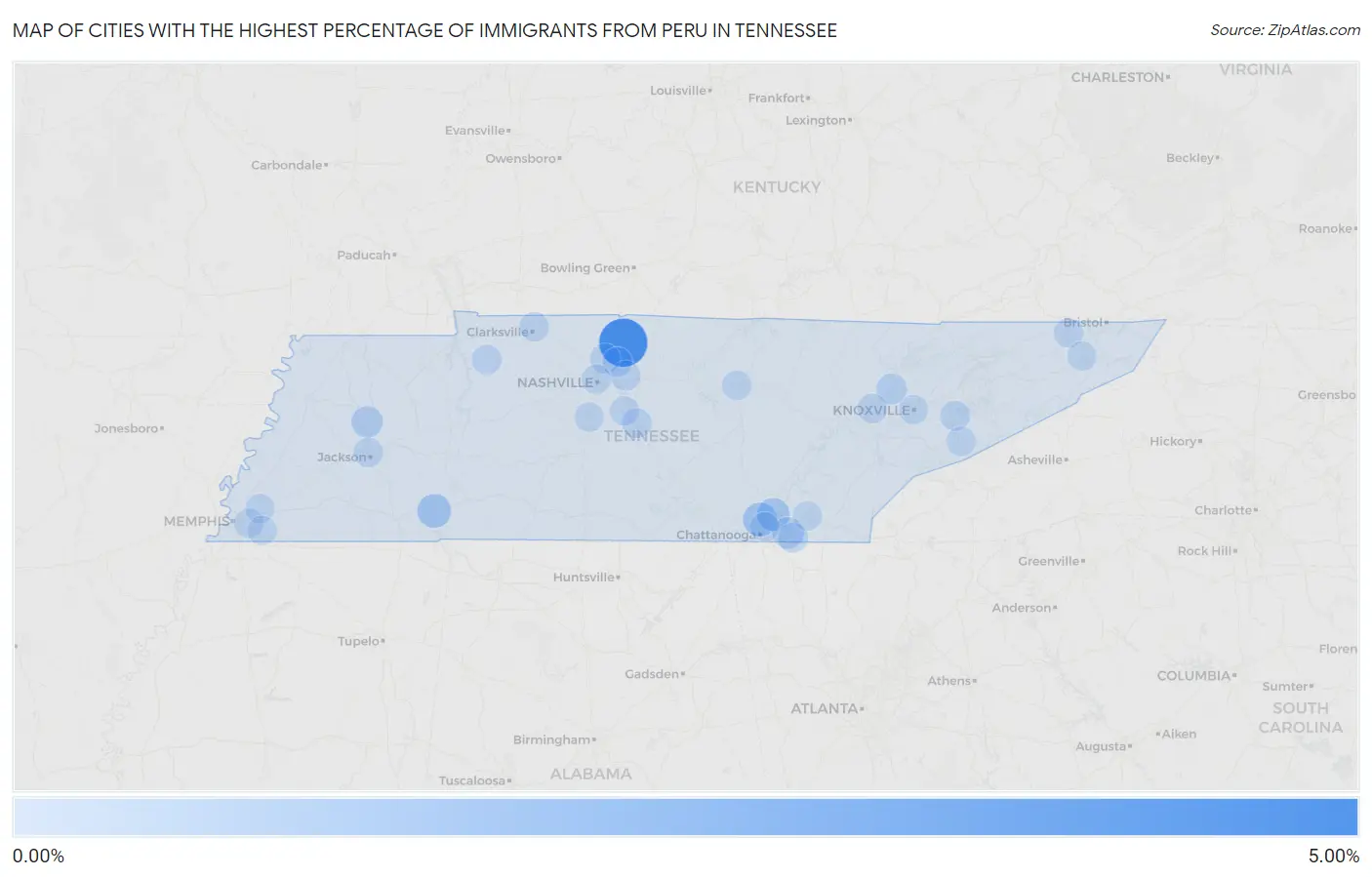 Cities with the Highest Percentage of Immigrants from Peru in Tennessee Map
