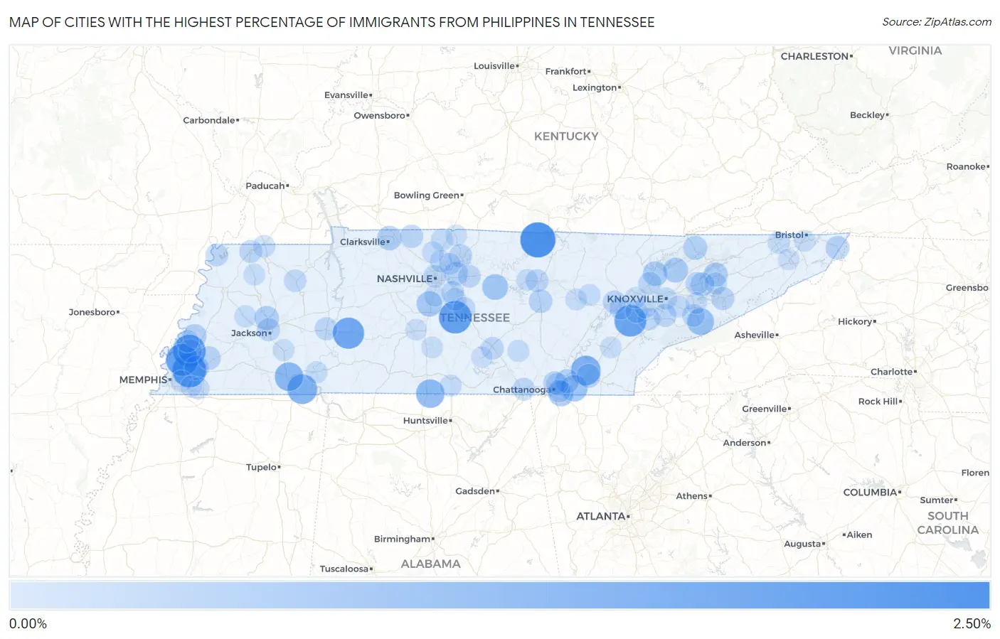 Cities with the Highest Percentage of Immigrants from Philippines in Tennessee Map