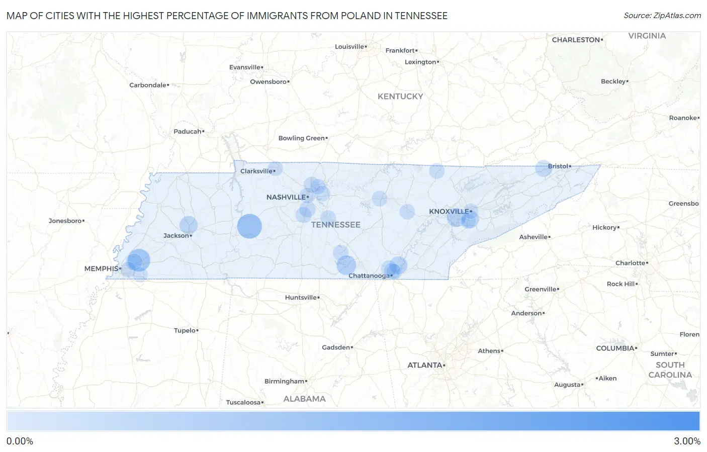Cities with the Highest Percentage of Immigrants from Poland in Tennessee Map