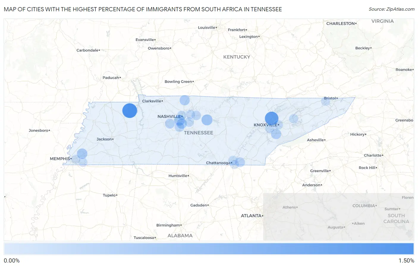 Cities with the Highest Percentage of Immigrants from South Africa in Tennessee Map