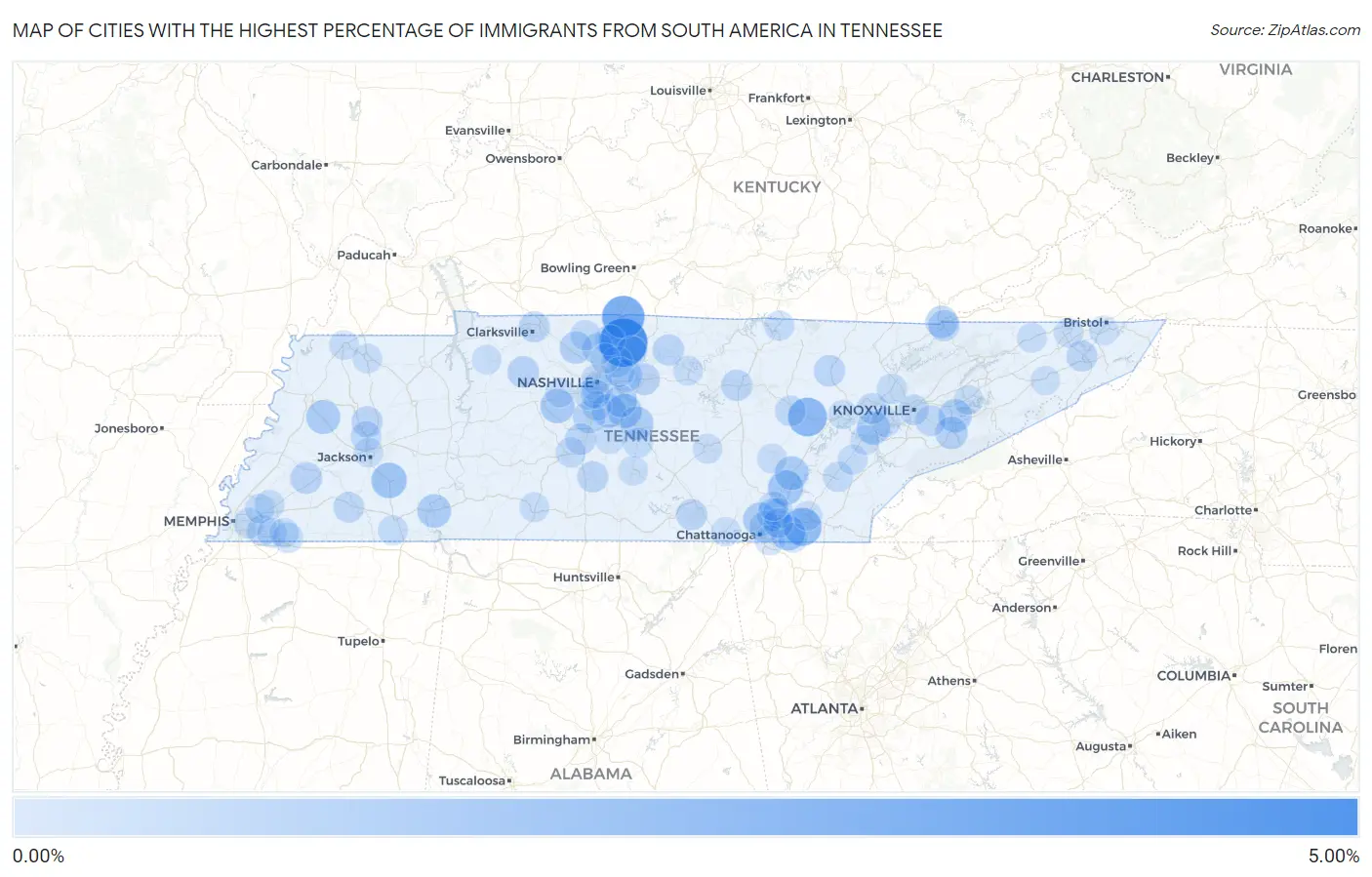 Cities with the Highest Percentage of Immigrants from South America in Tennessee Map