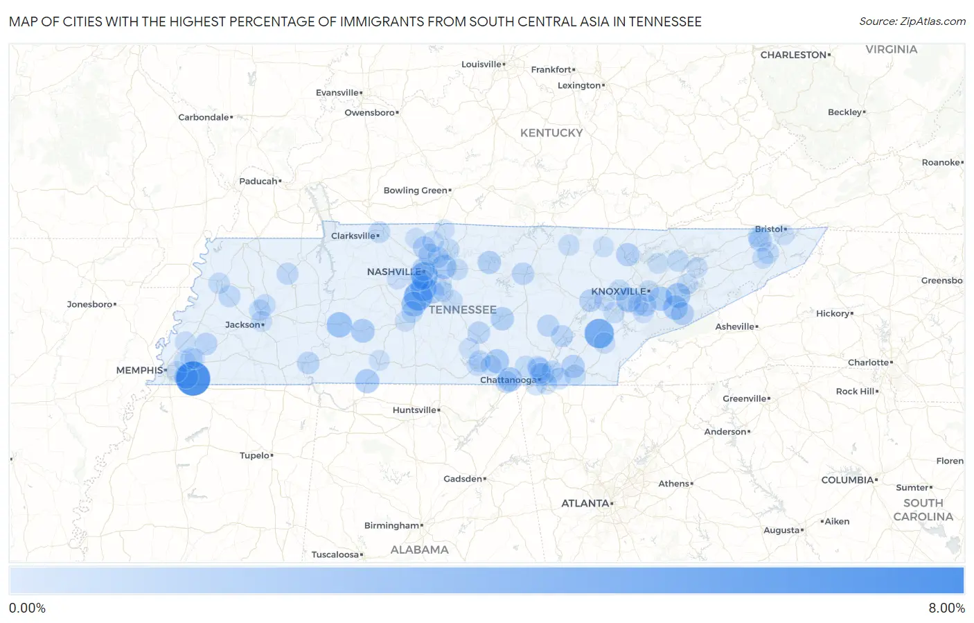 Cities with the Highest Percentage of Immigrants from South Central Asia in Tennessee Map