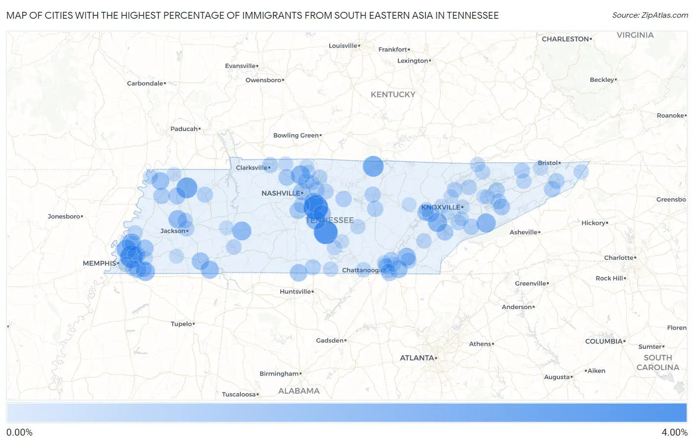 Cities with the Highest Percentage of Immigrants from South Eastern Asia in Tennessee Map