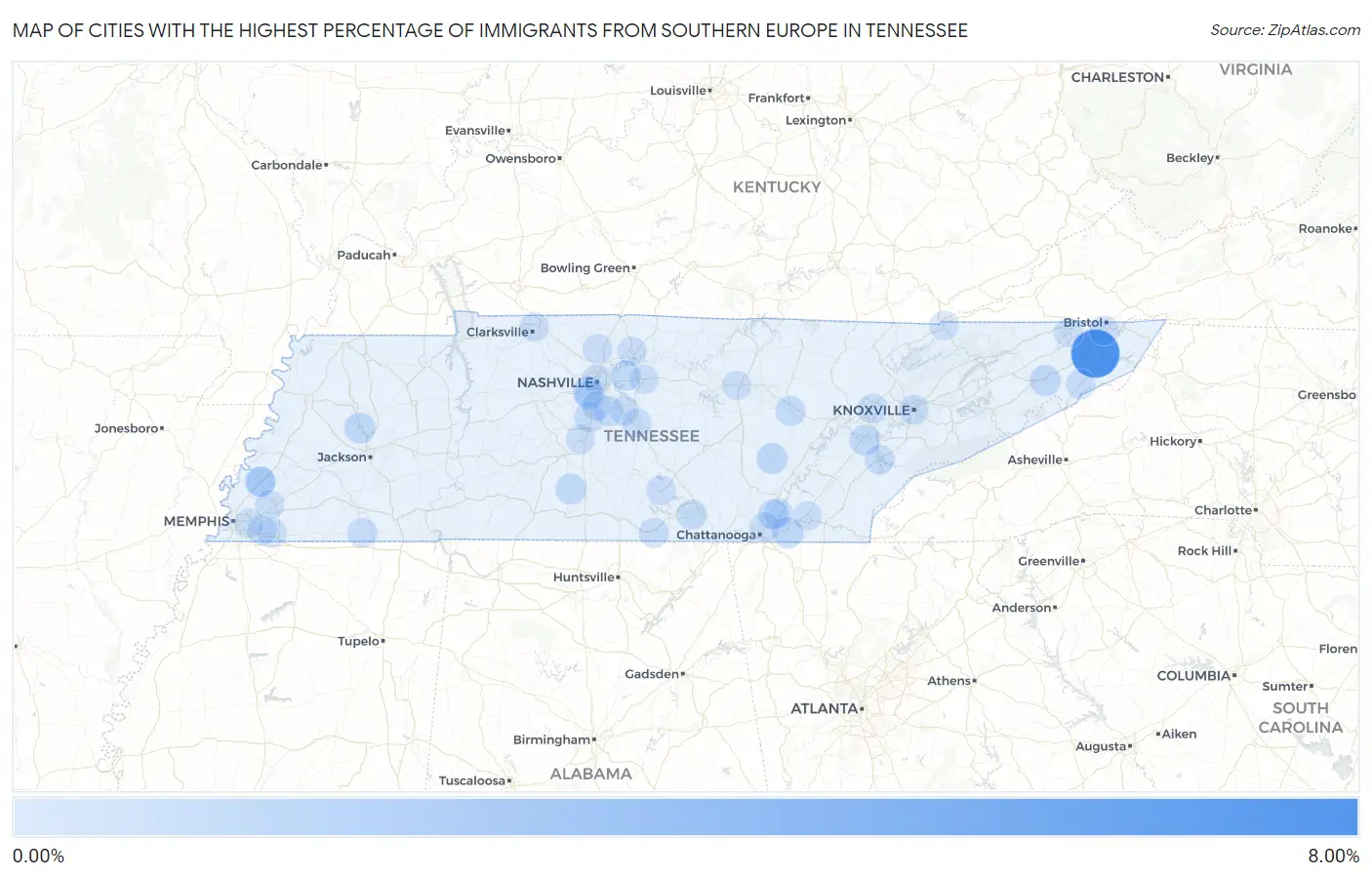 Cities with the Highest Percentage of Immigrants from Southern Europe in Tennessee Map