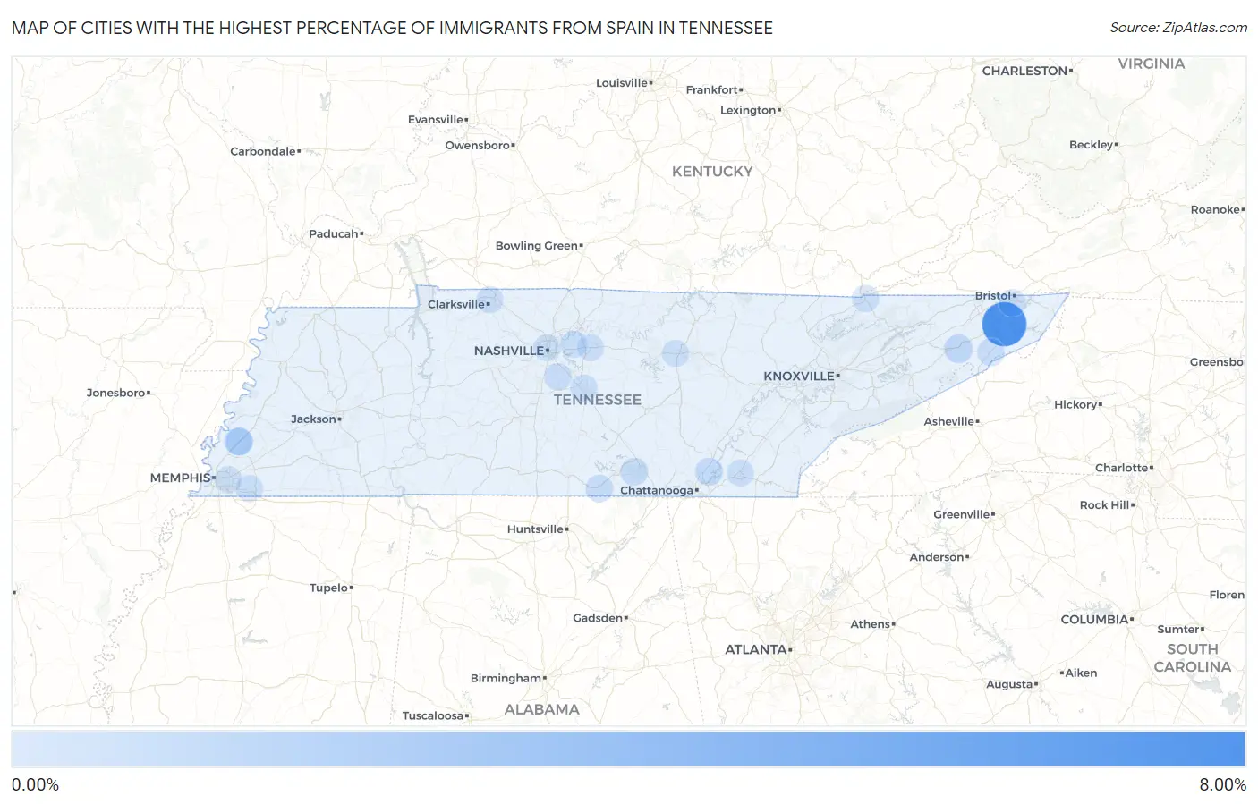 Cities with the Highest Percentage of Immigrants from Spain in Tennessee Map