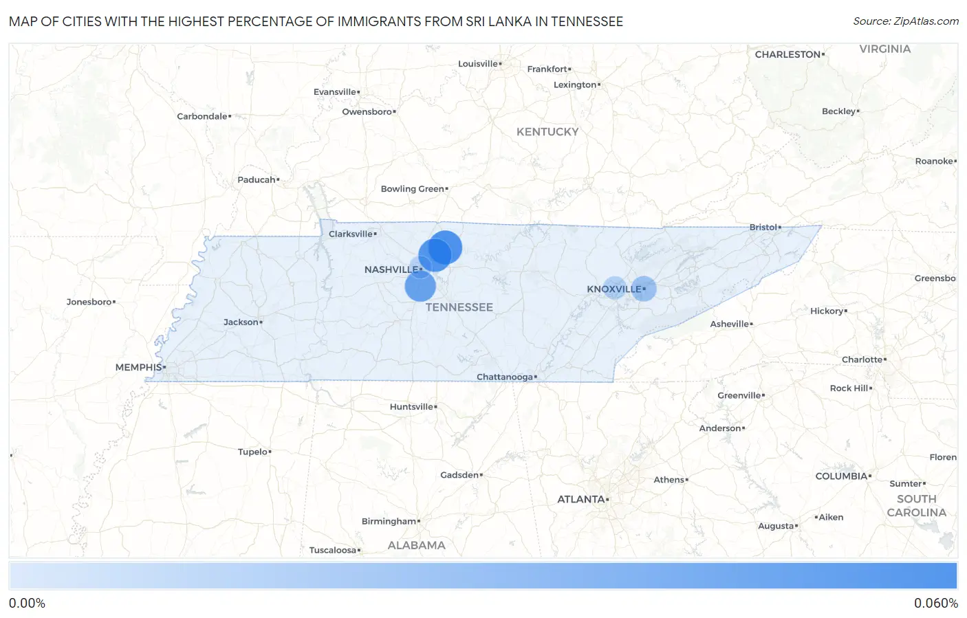 Cities with the Highest Percentage of Immigrants from Sri Lanka in Tennessee Map
