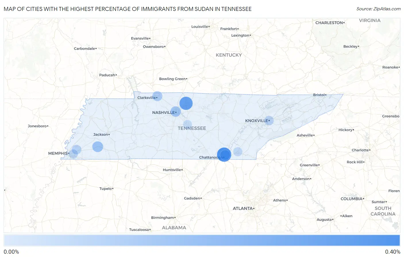 Cities with the Highest Percentage of Immigrants from Sudan in Tennessee Map