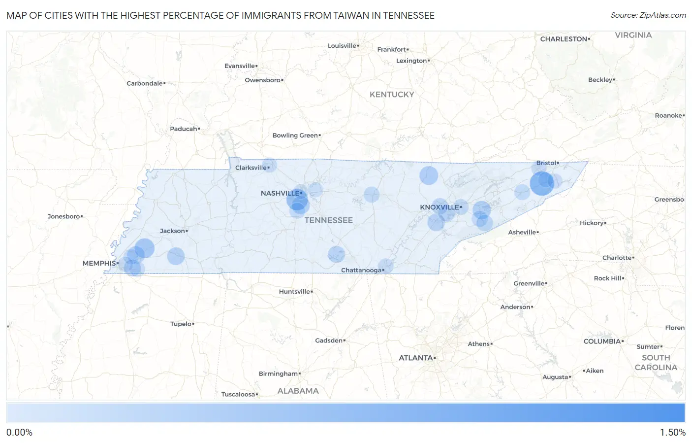 Cities with the Highest Percentage of Immigrants from Taiwan in Tennessee Map