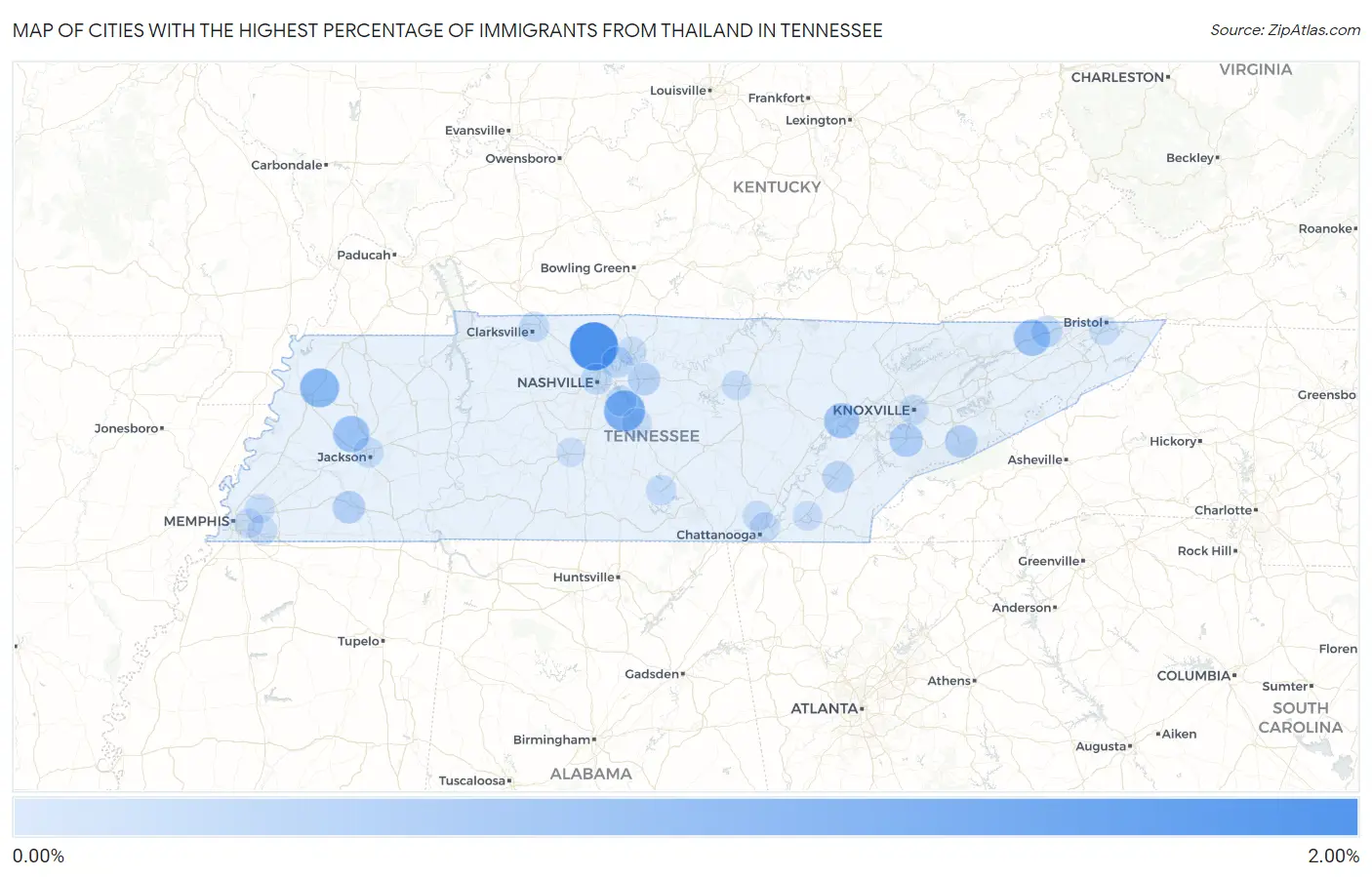 Cities with the Highest Percentage of Immigrants from Thailand in Tennessee Map
