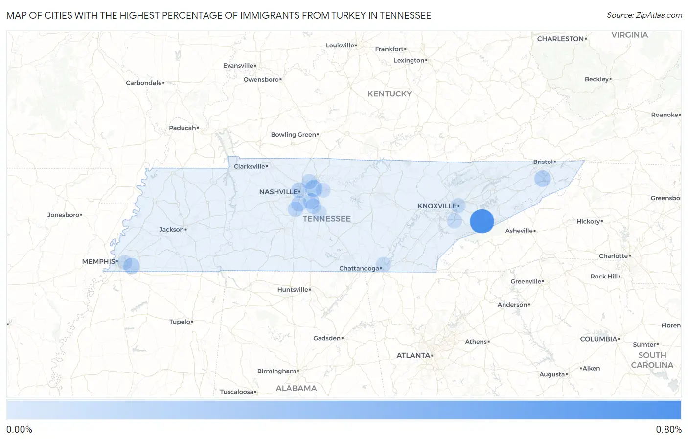 Cities with the Highest Percentage of Immigrants from Turkey in Tennessee Map