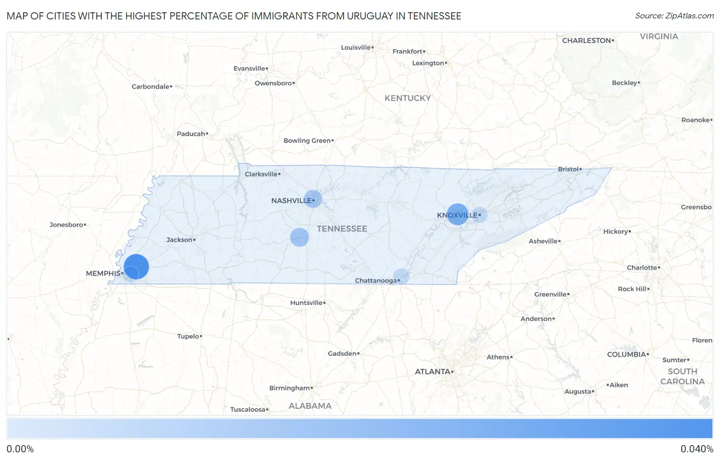 Cities with the Highest Percentage of Immigrants from Uruguay in Tennessee Map