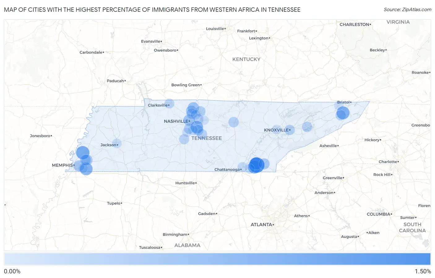 Cities with the Highest Percentage of Immigrants from Western Africa in Tennessee Map