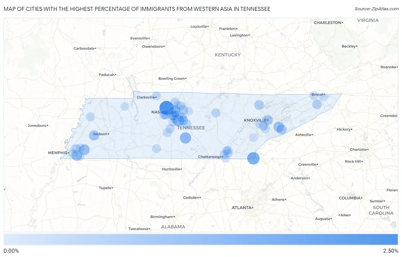 Cities with the Highest Percentage of Immigrants from Western Asia in Tennessee Map