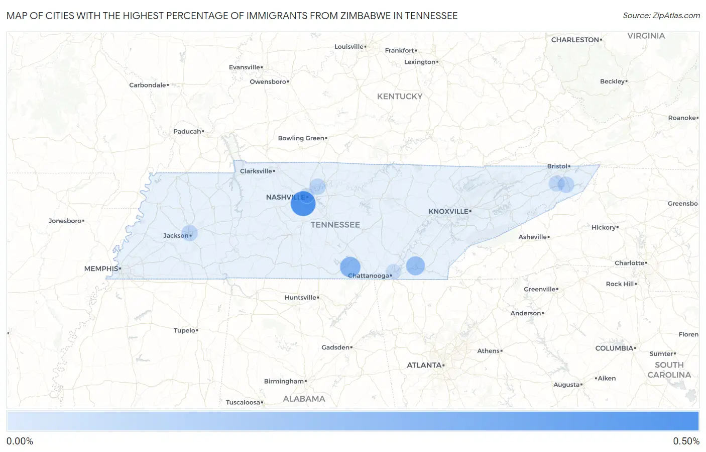 Cities with the Highest Percentage of Immigrants from Zimbabwe in Tennessee Map