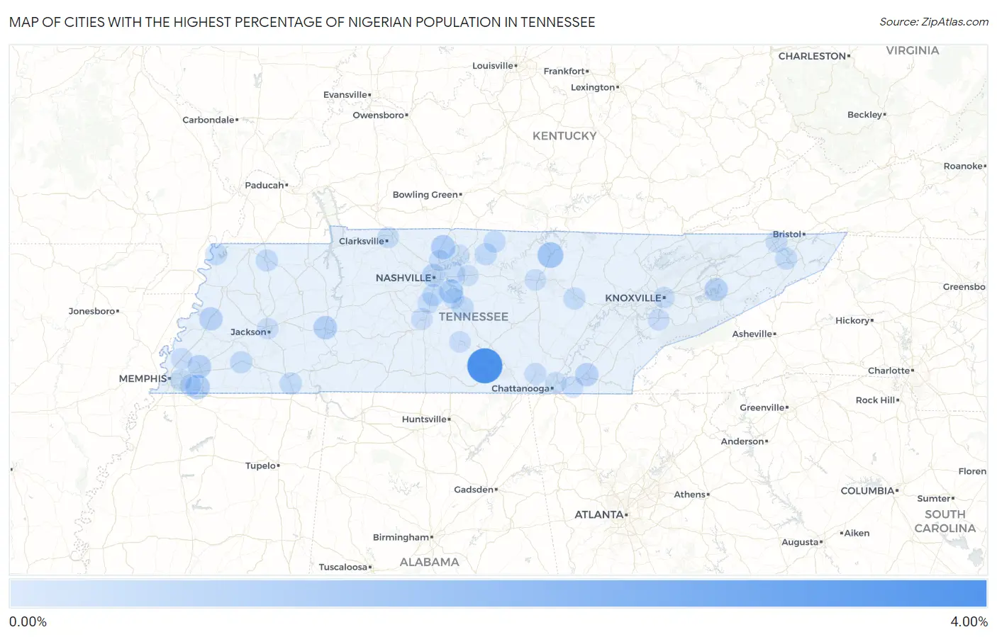 Cities with the Highest Percentage of Nigerian Population in Tennessee Map