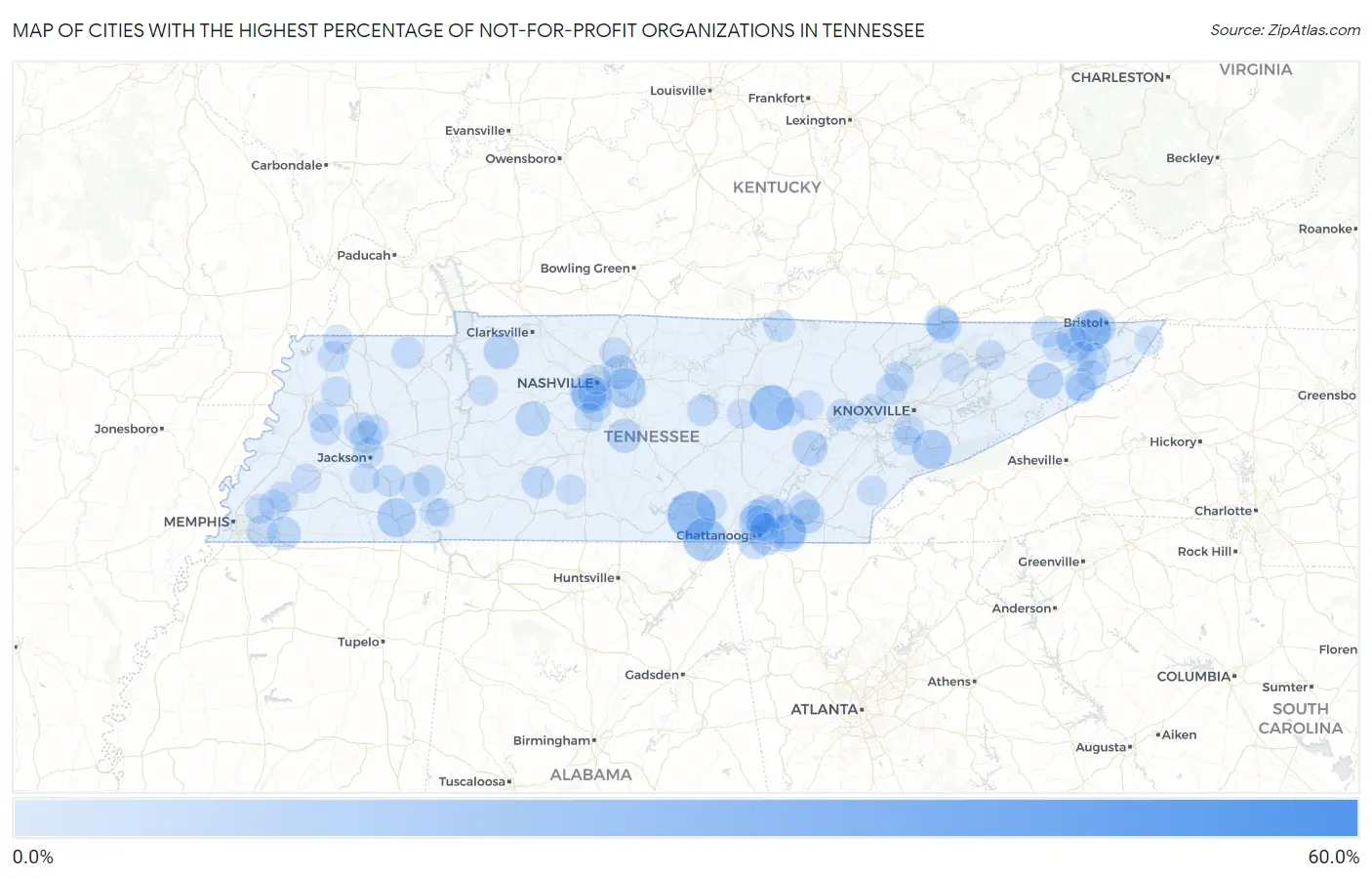 Cities with the Highest Percentage of Not-for-profit Organizations in Tennessee Map