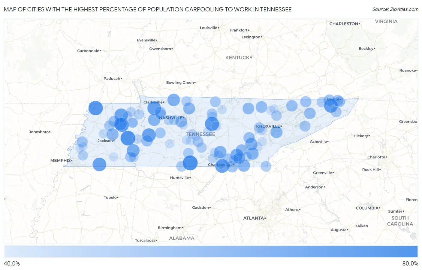 Cities with the Highest Percentage of Population Carpooling to Work in Tennessee Map