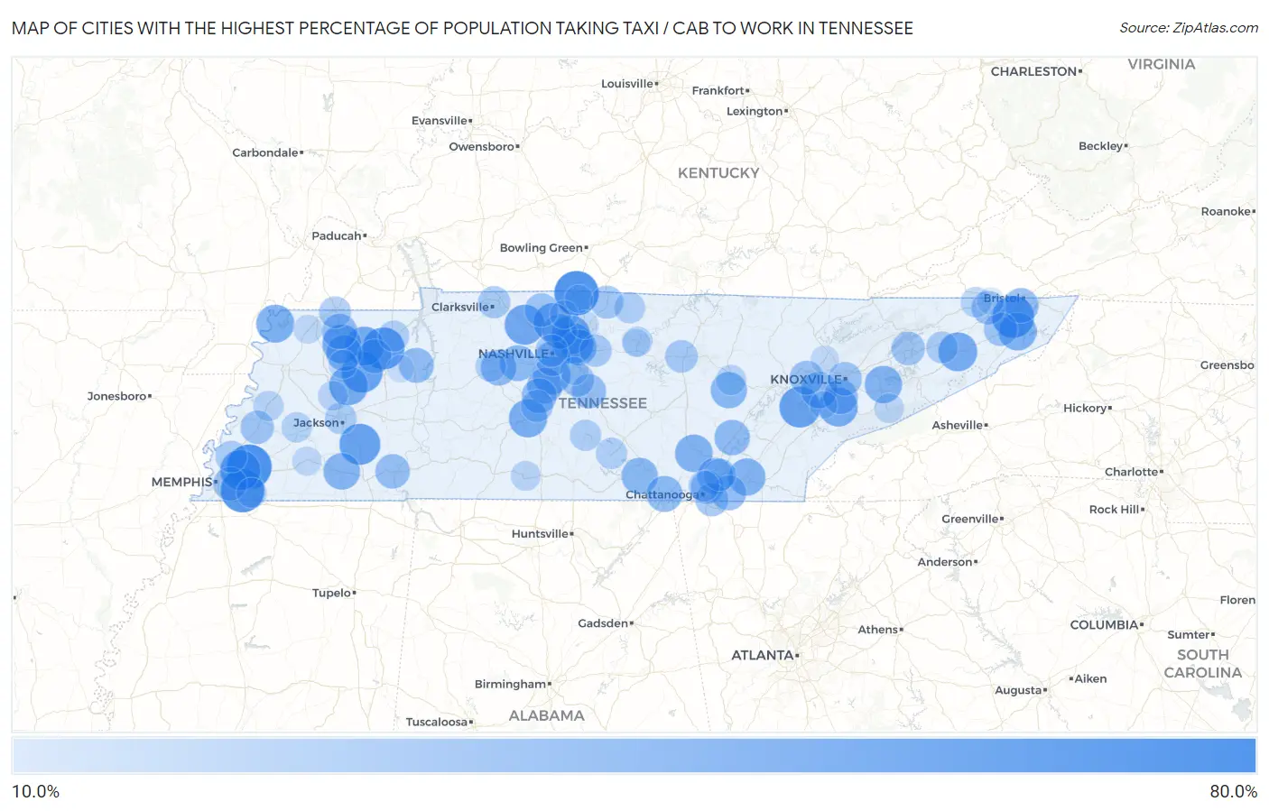 Cities with the Highest Percentage of Population Taking Taxi / Cab to Work in Tennessee Map