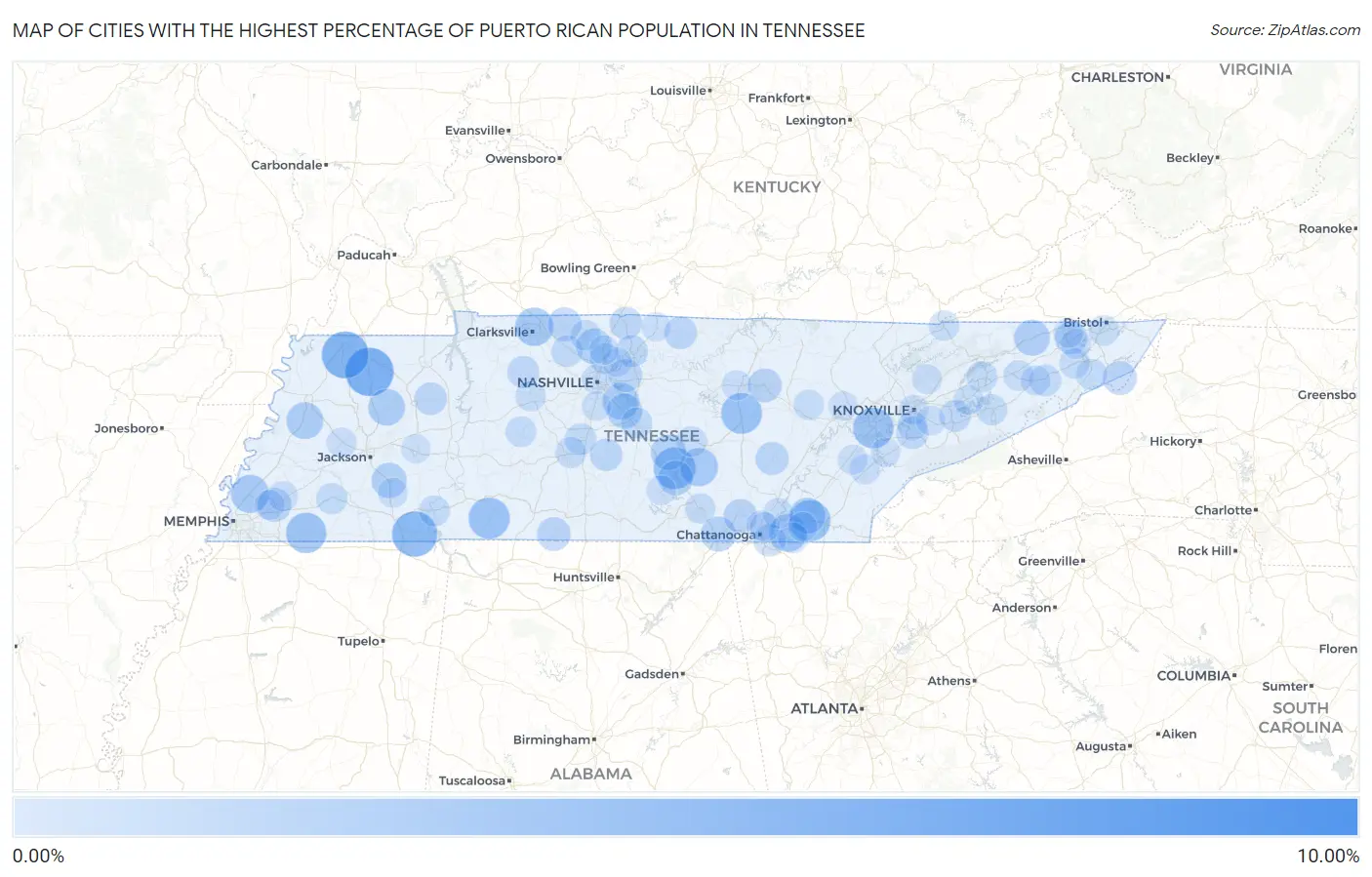 Cities with the Highest Percentage of Puerto Rican Population in Tennessee Map