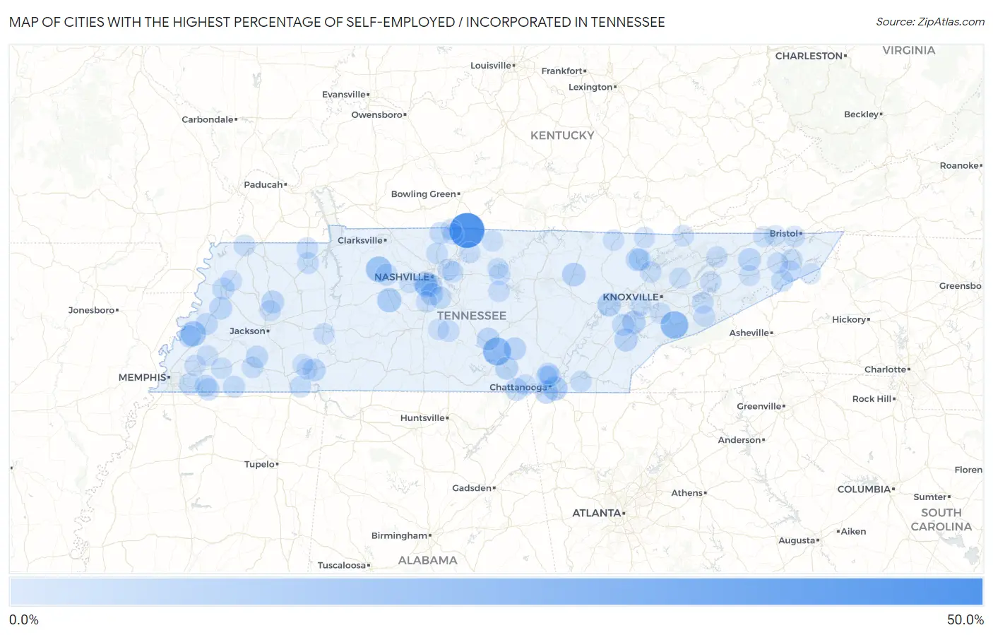Cities with the Highest Percentage of Self-Employed / Incorporated in Tennessee Map