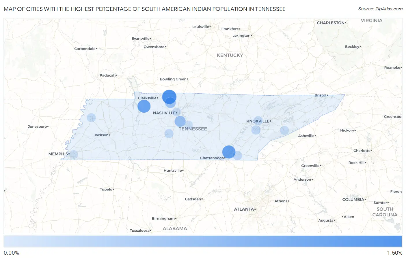 Cities with the Highest Percentage of South American Indian Population in Tennessee Map
