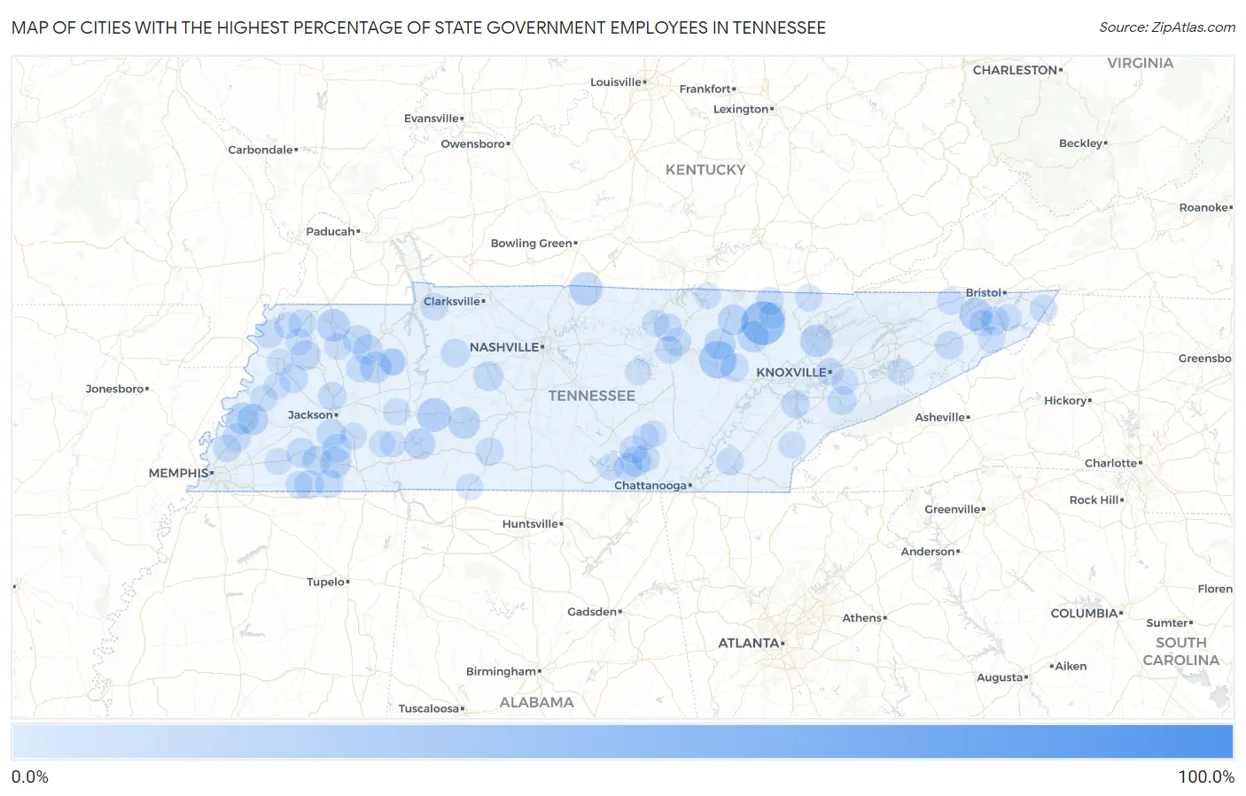Cities with the Highest Percentage of State Government Employees in Tennessee Map
