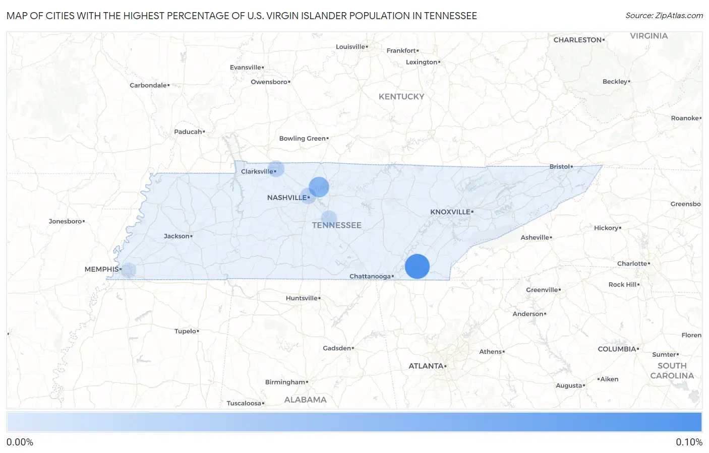 Cities with the Highest Percentage of U.S. Virgin Islander Population in Tennessee Map