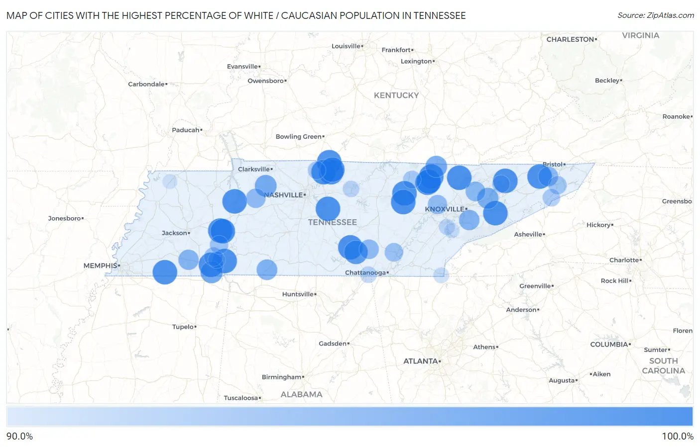 Cities with the Highest Percentage of White / Caucasian Population in Tennessee Map