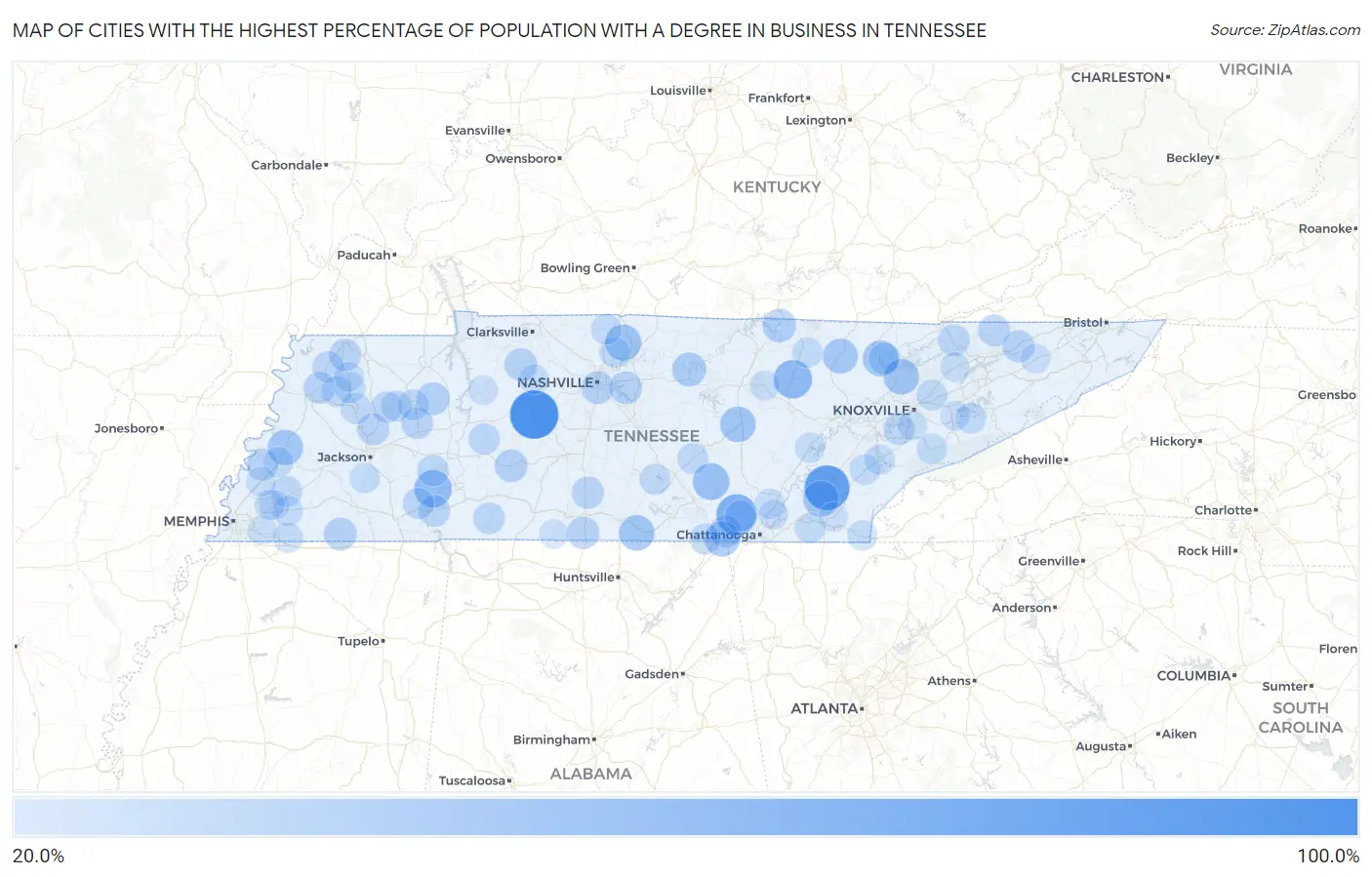 Cities with the Highest Percentage of Population with a Degree in Business in Tennessee Map