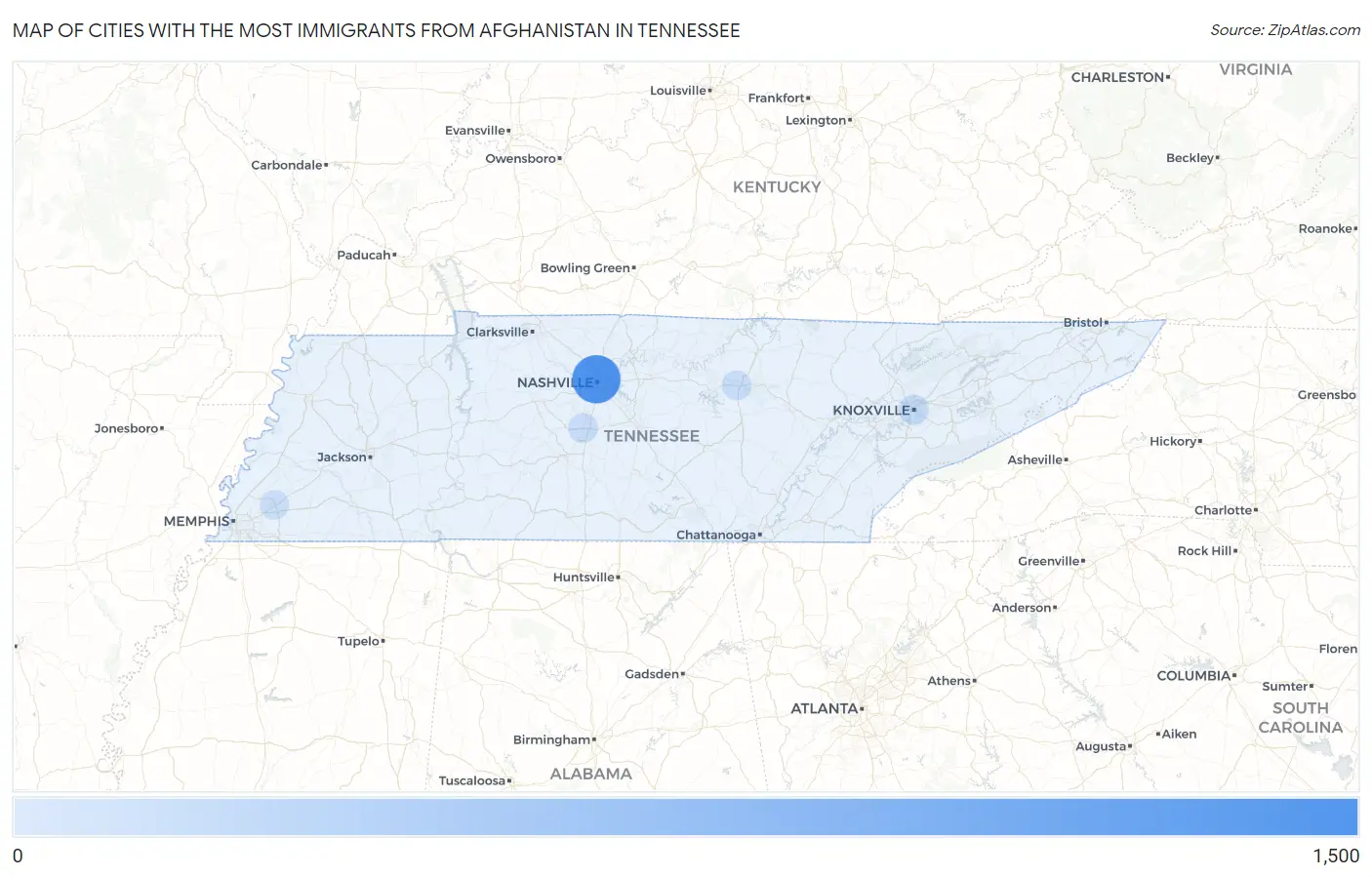 Cities with the Most Immigrants from Afghanistan in Tennessee Map