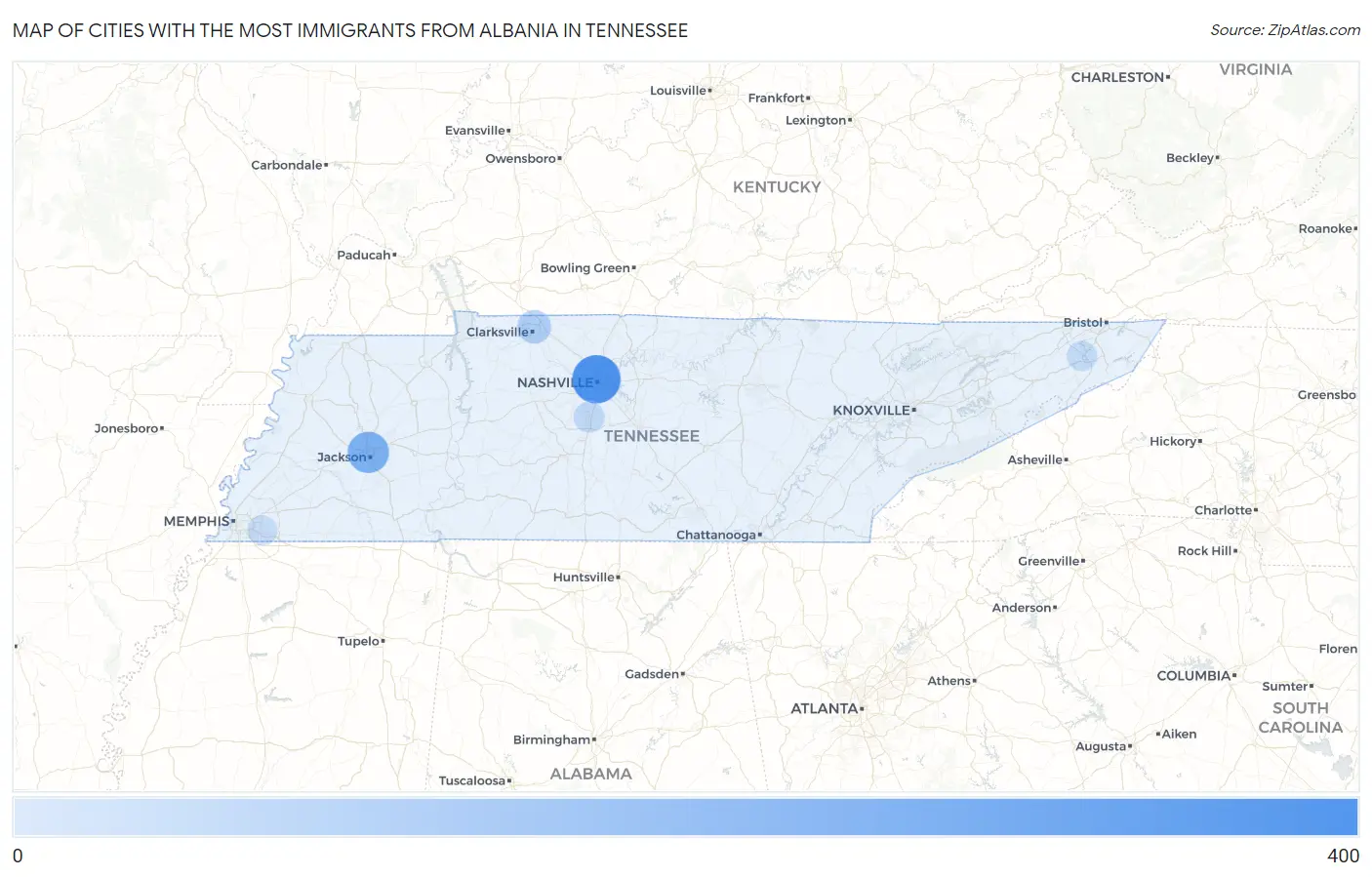 Cities with the Most Immigrants from Albania in Tennessee Map