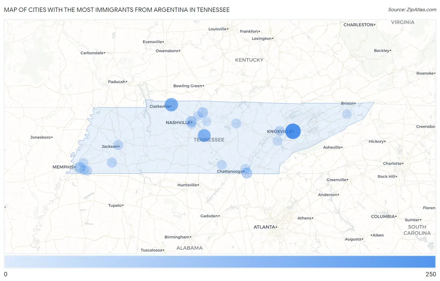 Cities with the Most Immigrants from Argentina in Tennessee Map
