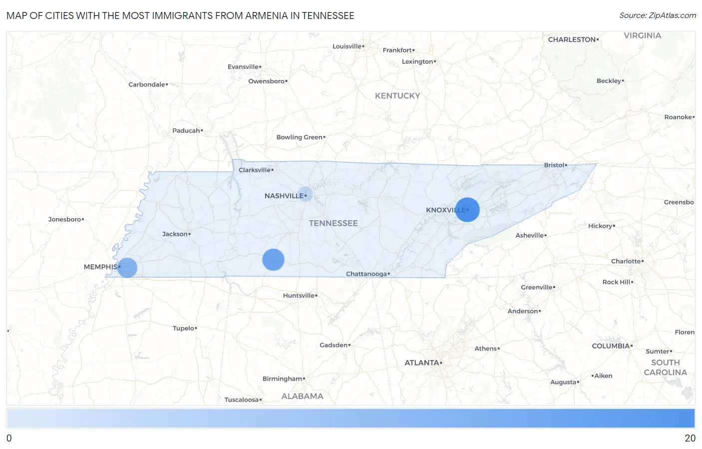 Cities with the Most Immigrants from Armenia in Tennessee Map