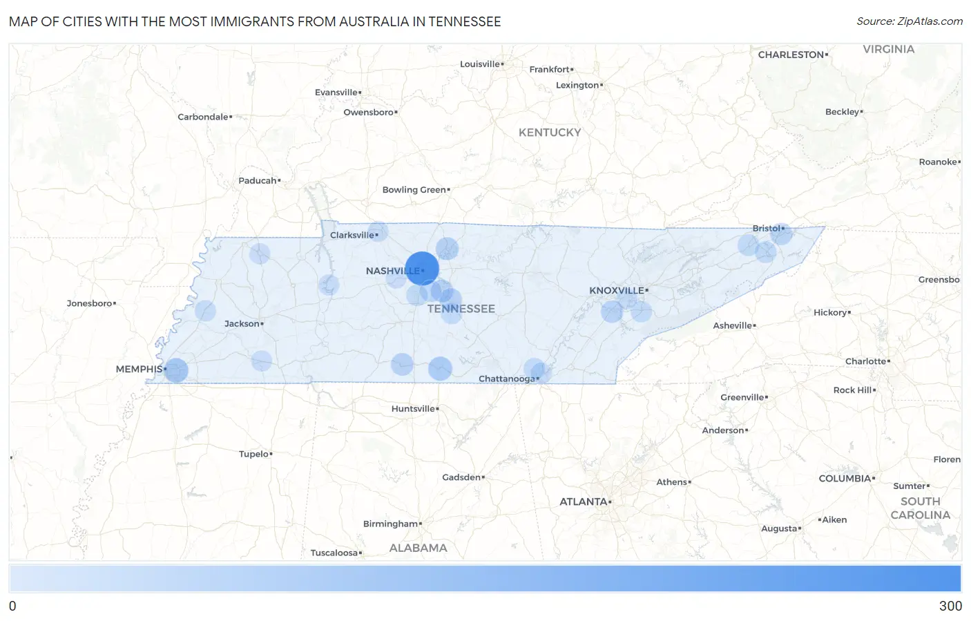 Cities with the Most Immigrants from Australia in Tennessee Map